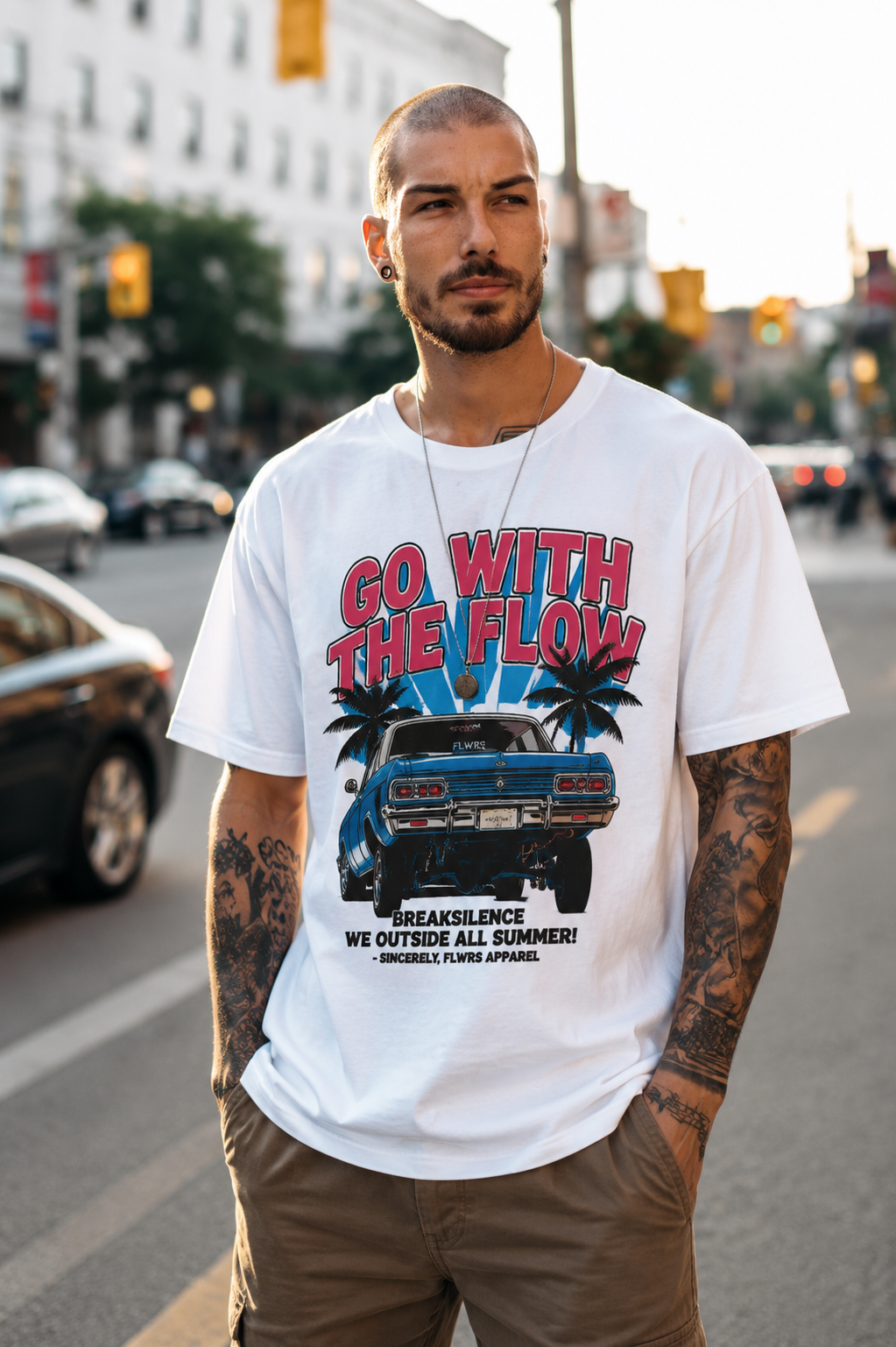 Tricou GO With The Flow Alb – Print Mașină Retro Summer | Oversized Unisex - imagine 2
