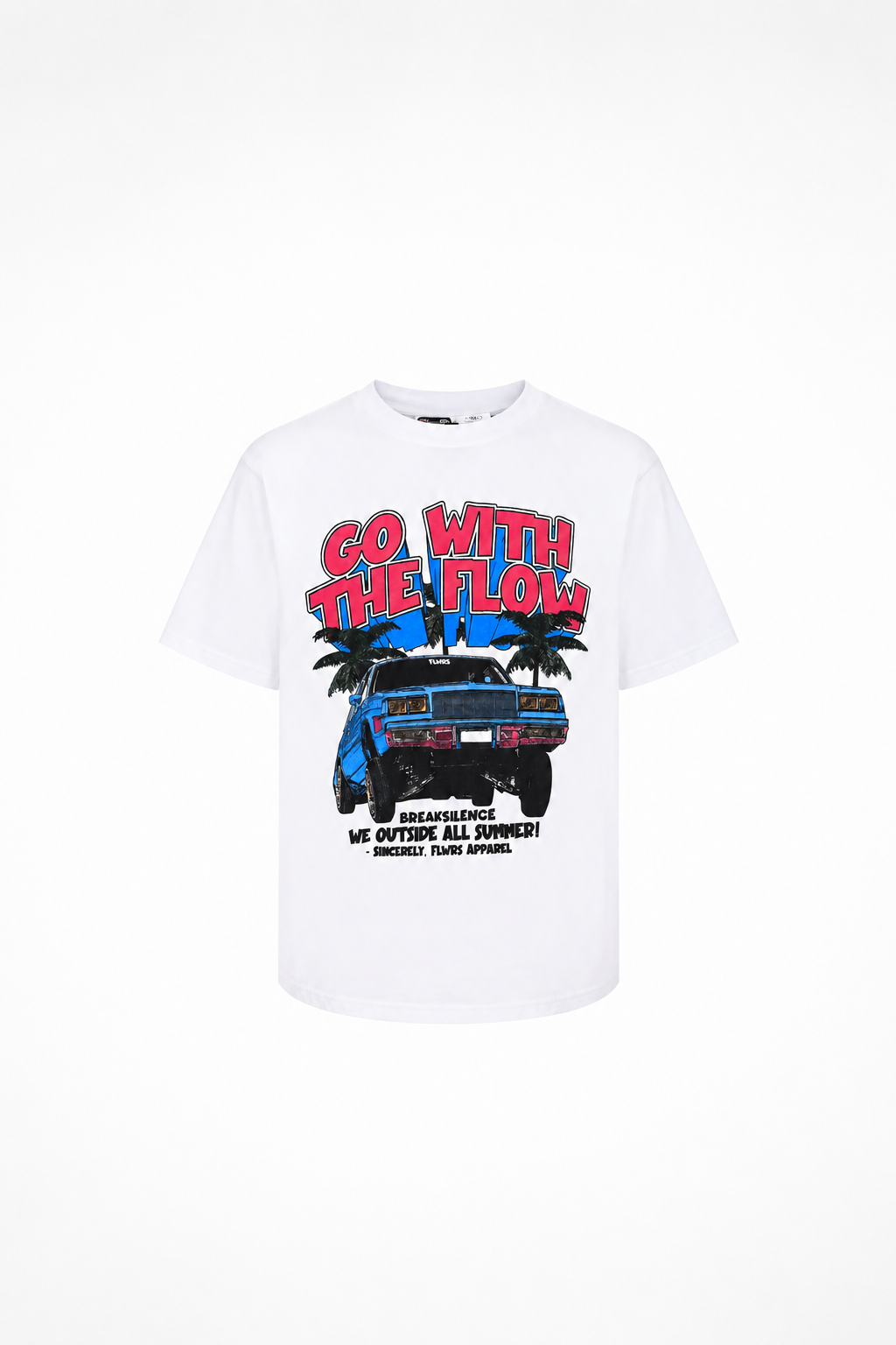 Tricou GO With The Flow Alb – Print Mașină Retro Summer | Oversized Unisex