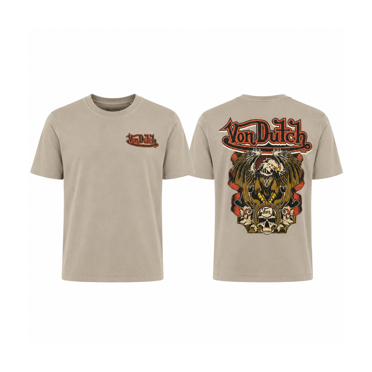 Tricou Von Dutch Vultur & Craniu – Bej | Print Spate Unisex